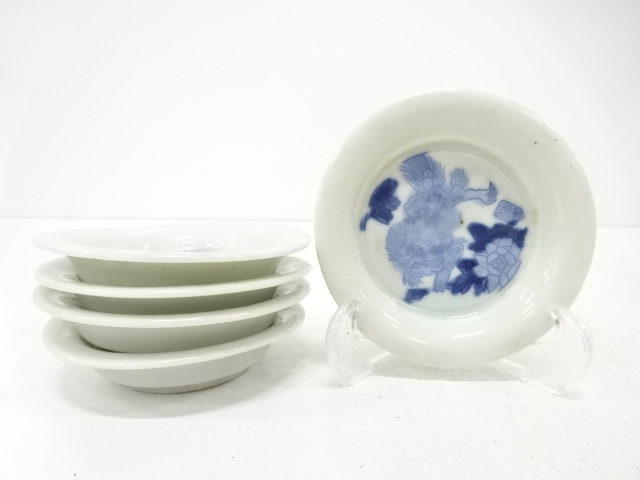 JAPANESE CERAMICS / SMALL PLATE / SET OF 5 / LION / BLUE & WHITE (PORCELAIN)
